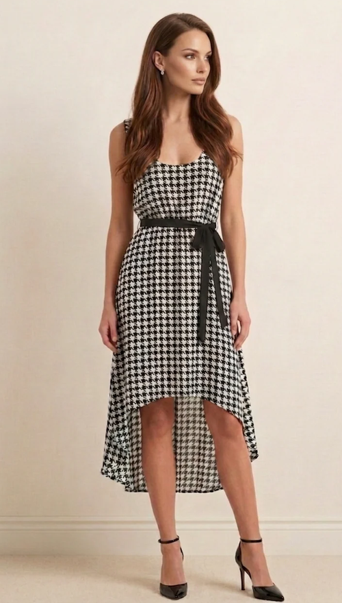 Black & White Houndstooth Flowy Midi Dress