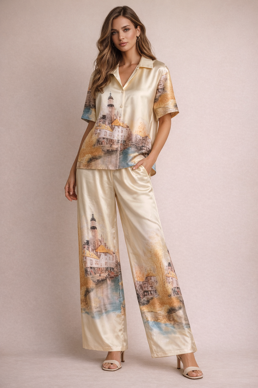 European Cityscape Printed Satin Coordinated Set
