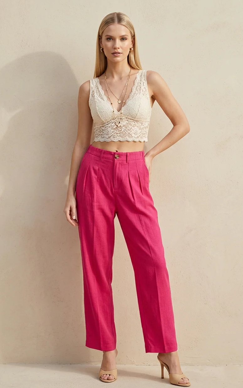 High Waist Pleated Pants with Pockets