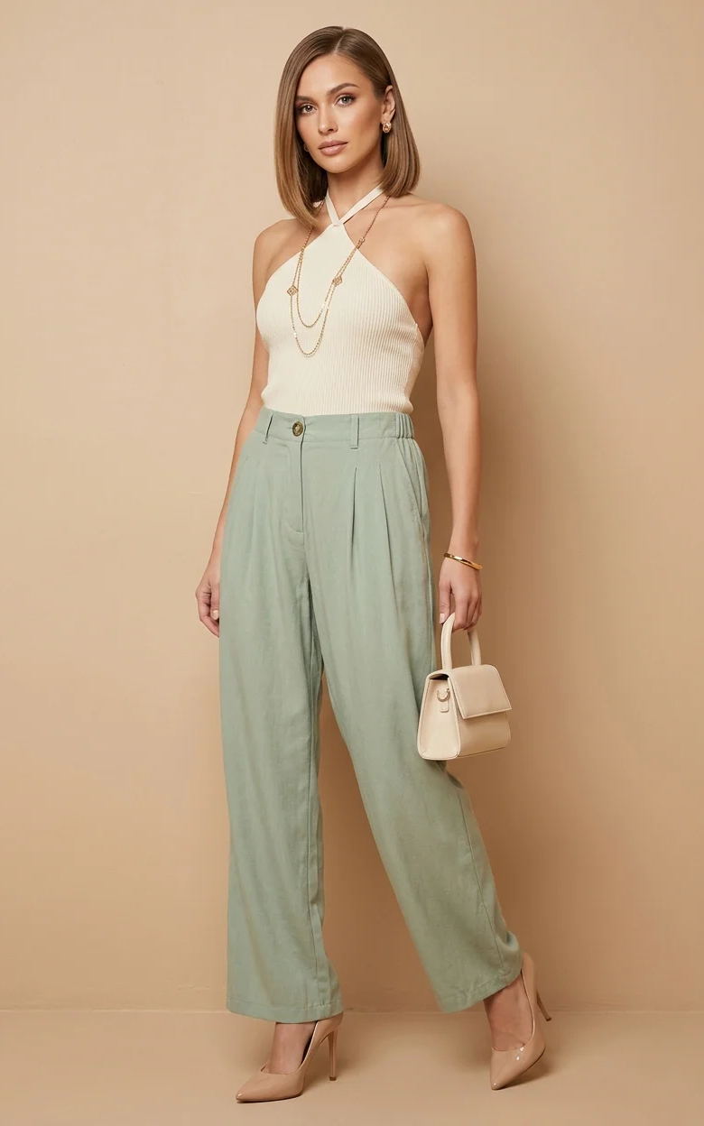 High Waist Pleated Pants with Pockets