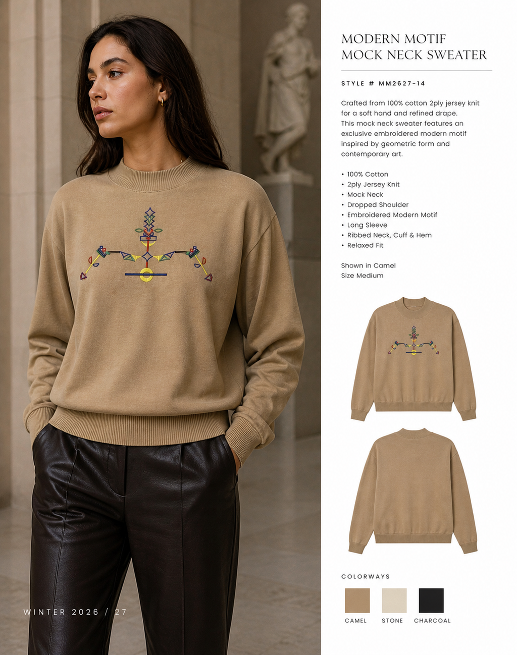 Design Embroidered Moch Turtle Neck 2-Ply, 100% Organic Cotton Sweater