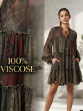 A woman models a loose, tiered bohemian-style dress in a bright indoor setting, with a close-up inset of the dress fabric on the left. Text reads '100% VISCOS' and 'LTX SPORTWEAR NEW COLLECTION,' with an LTX hangtag visible at the bottom right.