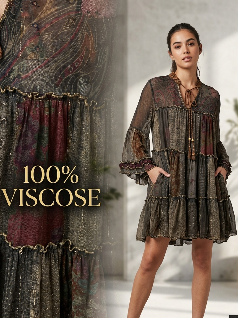 A woman models a loose, tiered bohemian-style dress in a bright indoor setting, with a close-up inset of the dress fabric on the left. Text reads '100% VISCOS' and 'LTX SPORTWEAR NEW COLLECTION,' with an LTX hangtag visible at the bottom right.