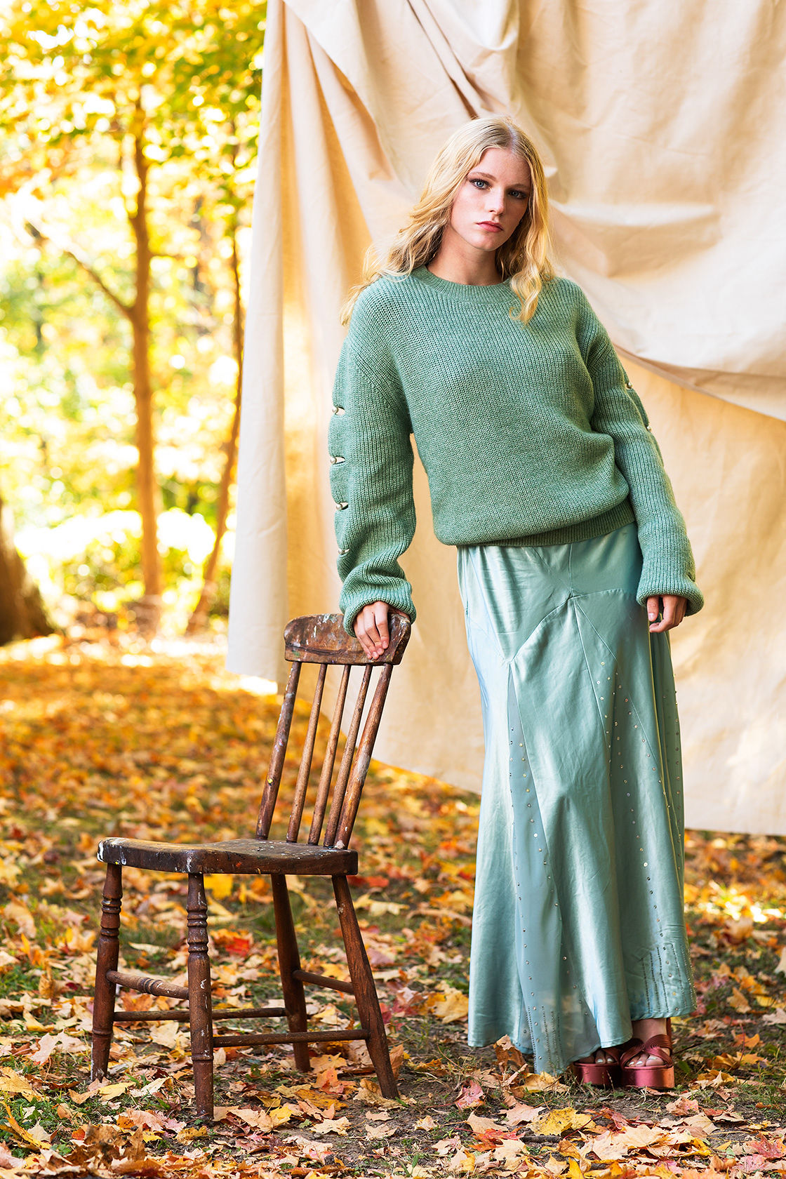 Fisherman Knit Crew Neck Long-Sleeve Sweater with Pearl Detail