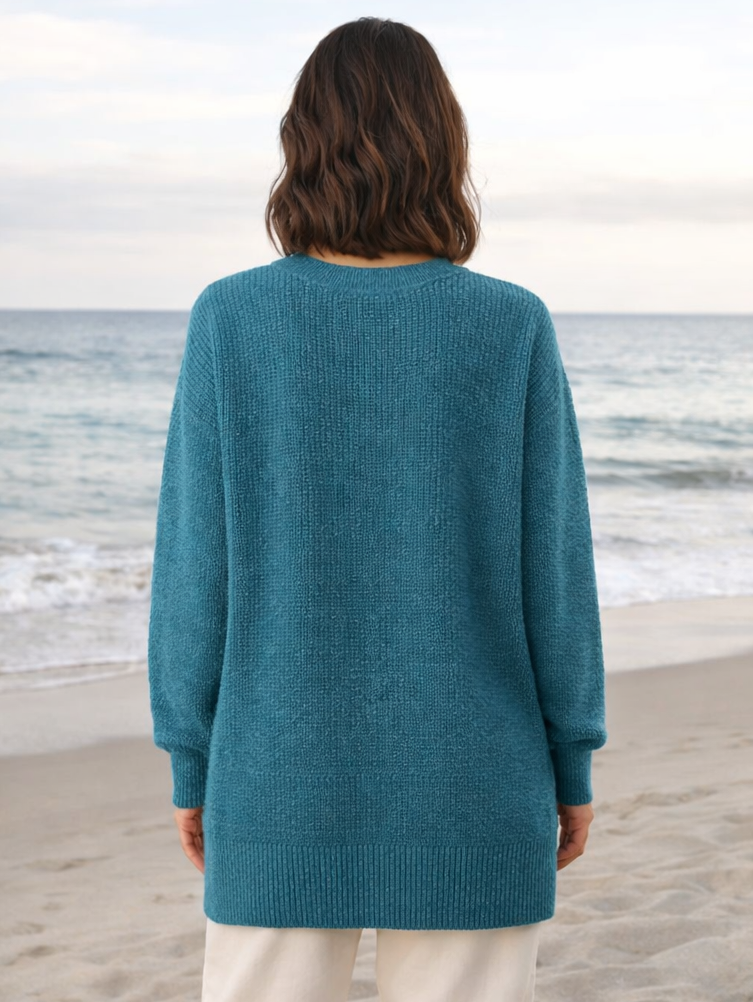 Crew Neck with Ribbed Cuff and Hem Dropped Shoulder Seam Heavy Knit Pullover