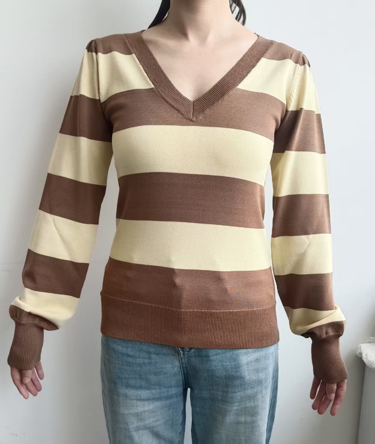 Lightweight Ribbed Cuff and V-Neck Sweater