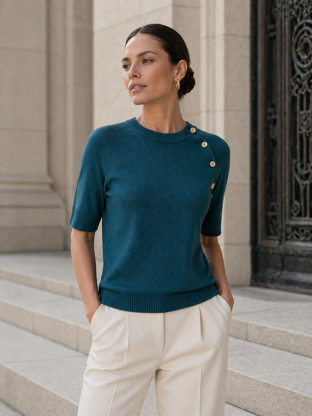 Fine-knit 100% Organic Cotton Raglan Blouse with Bamboo Buttons