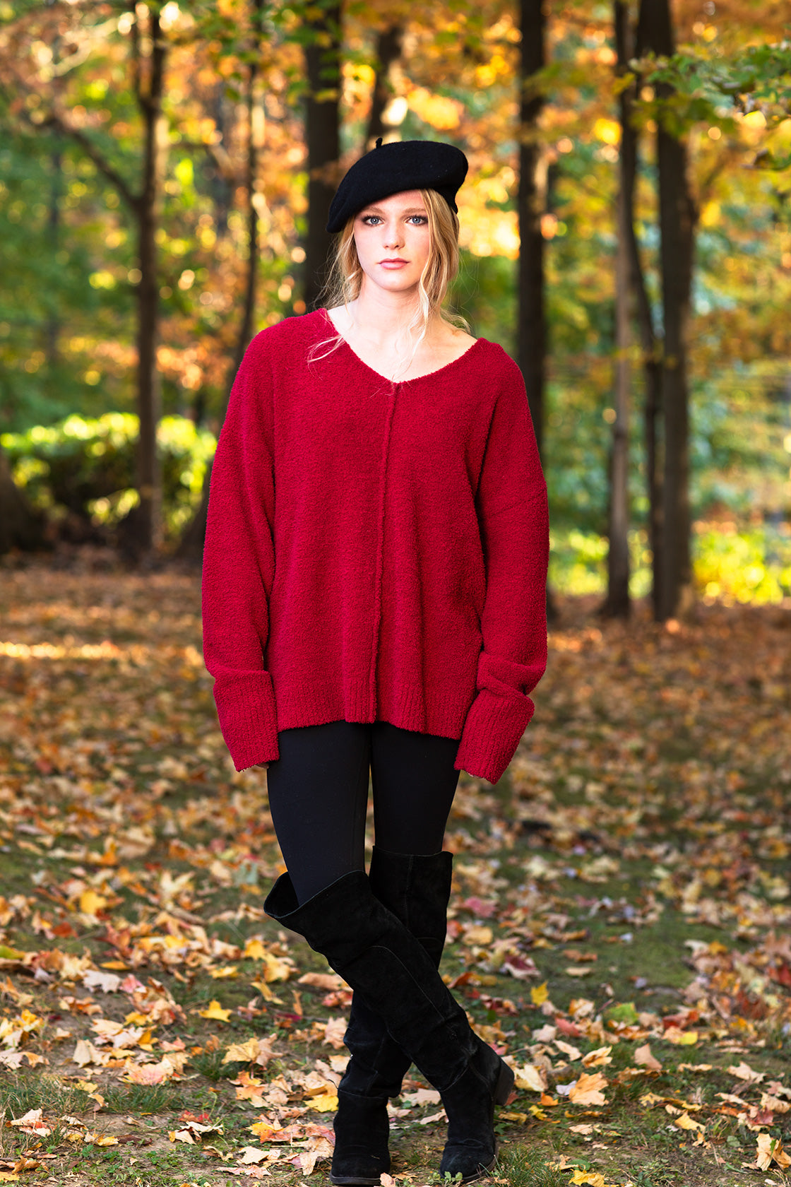 Exposed Seams, Dropped shoulder LS V-Neck Chenille Sweater