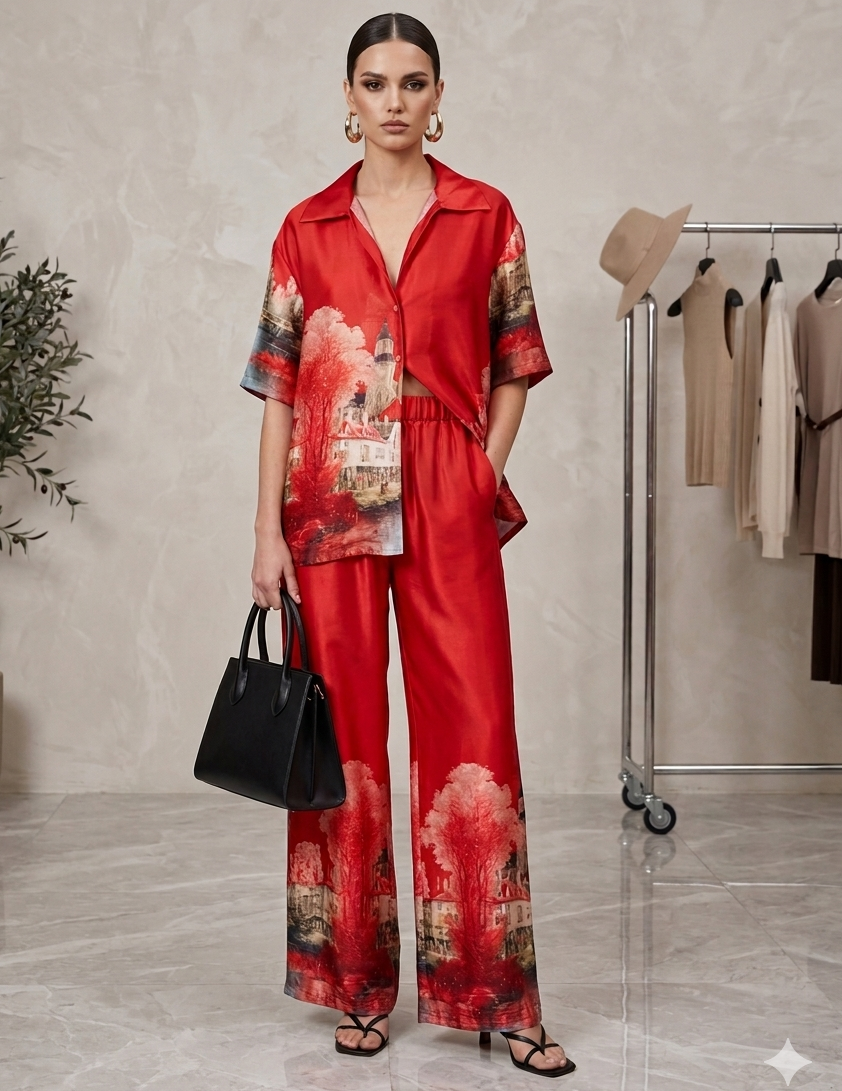 Woman wearing a red outfit with floral patterns in a store setting.