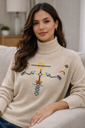 Embroidered Organic Cotton, Moch Turtle Neck Long-Sleeve 2-Ply Jersey Sweater