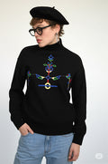 Color Blocked Geometric Embroidered Mock Turtleneck