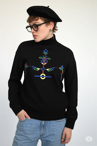 Color Blocked Geometric Embroidered Mock Turtleneck
