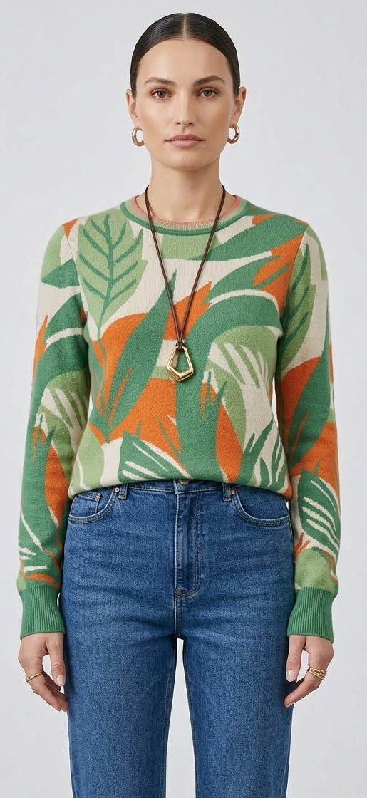 Person wearing a colorful patterned sweater and blue jeans on a plain background