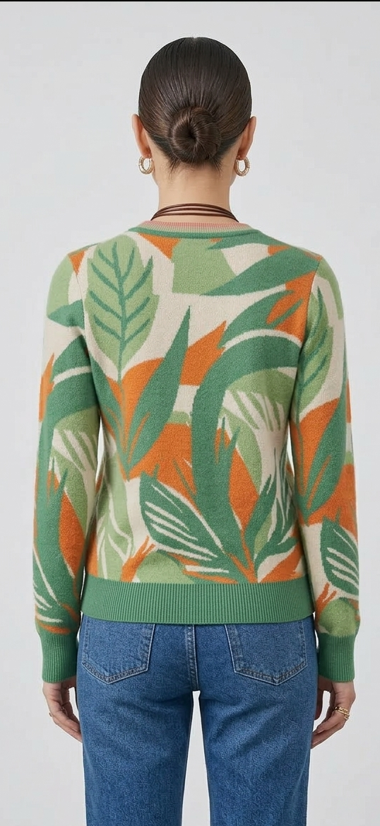 Jungle Jacqaurd Crew Neck 2-Ply Pima Cotton Sweater