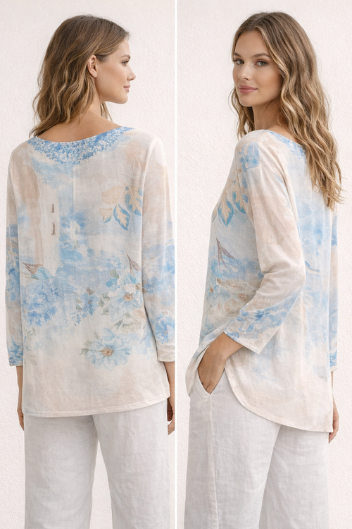Abstract Sky Graphic Linen LS Top