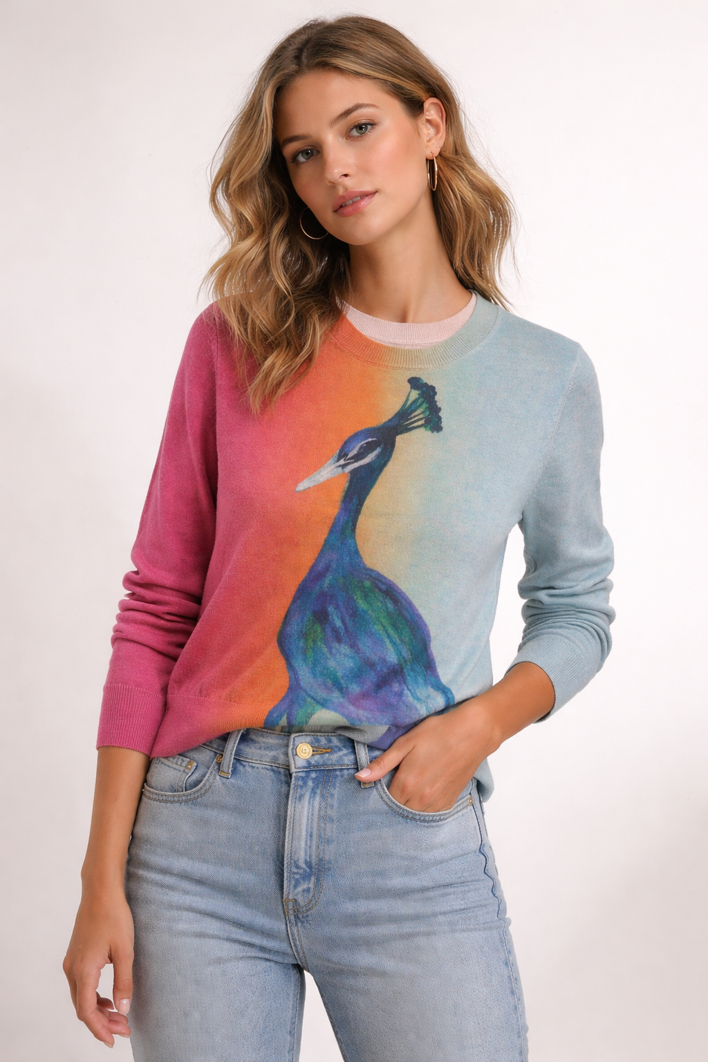 Peacock Ombre' Color Blocked 2-Ply Fine Knit Organic Cotton, Long-sleeve Sweater