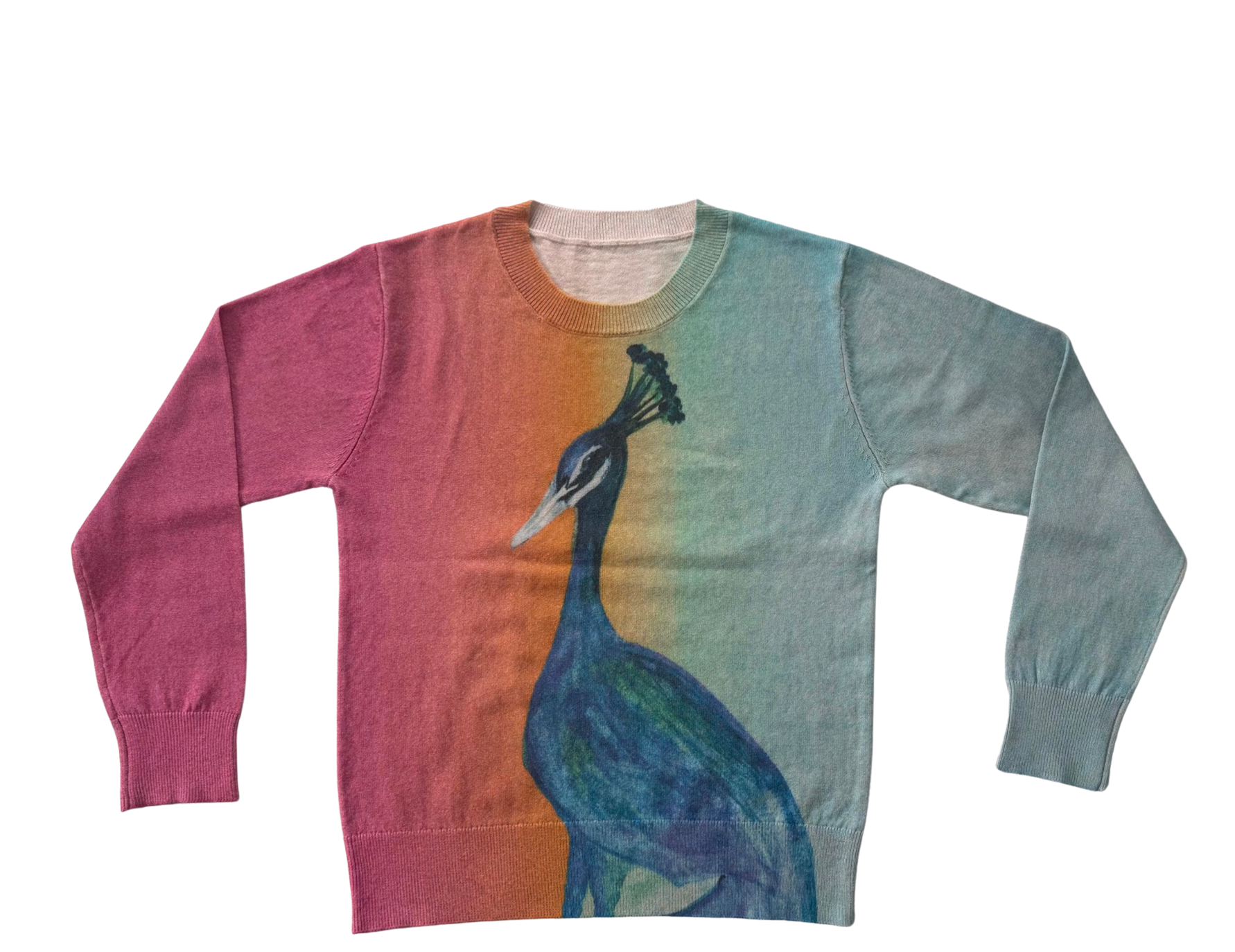 Lightweight Peacock Printed Long-Sleeve Crew Neck Sweater