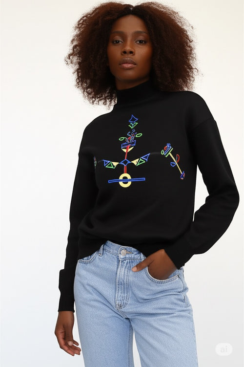 Color Blocked Geometric Embroidered Mock Turtleneck