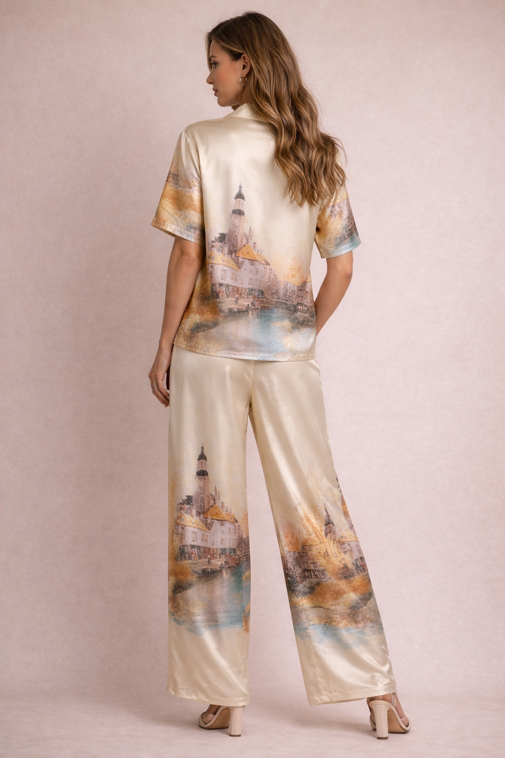 European Cityscape Printed Satin Coordinated Set
