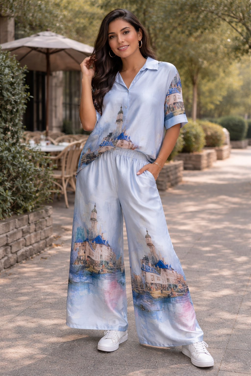 European Cityscape Printed Satin Coordinated Set