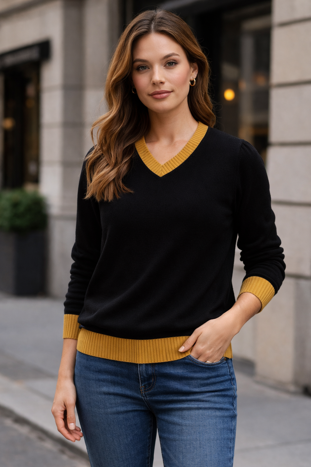LS Pointelle Fine-Knit V-Neck Sweater