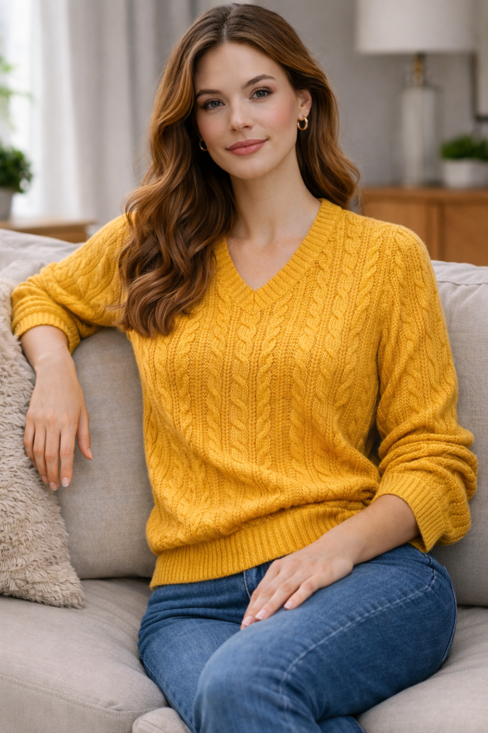 Woman wearing a yellow sweater sitting on a couch in a living room.